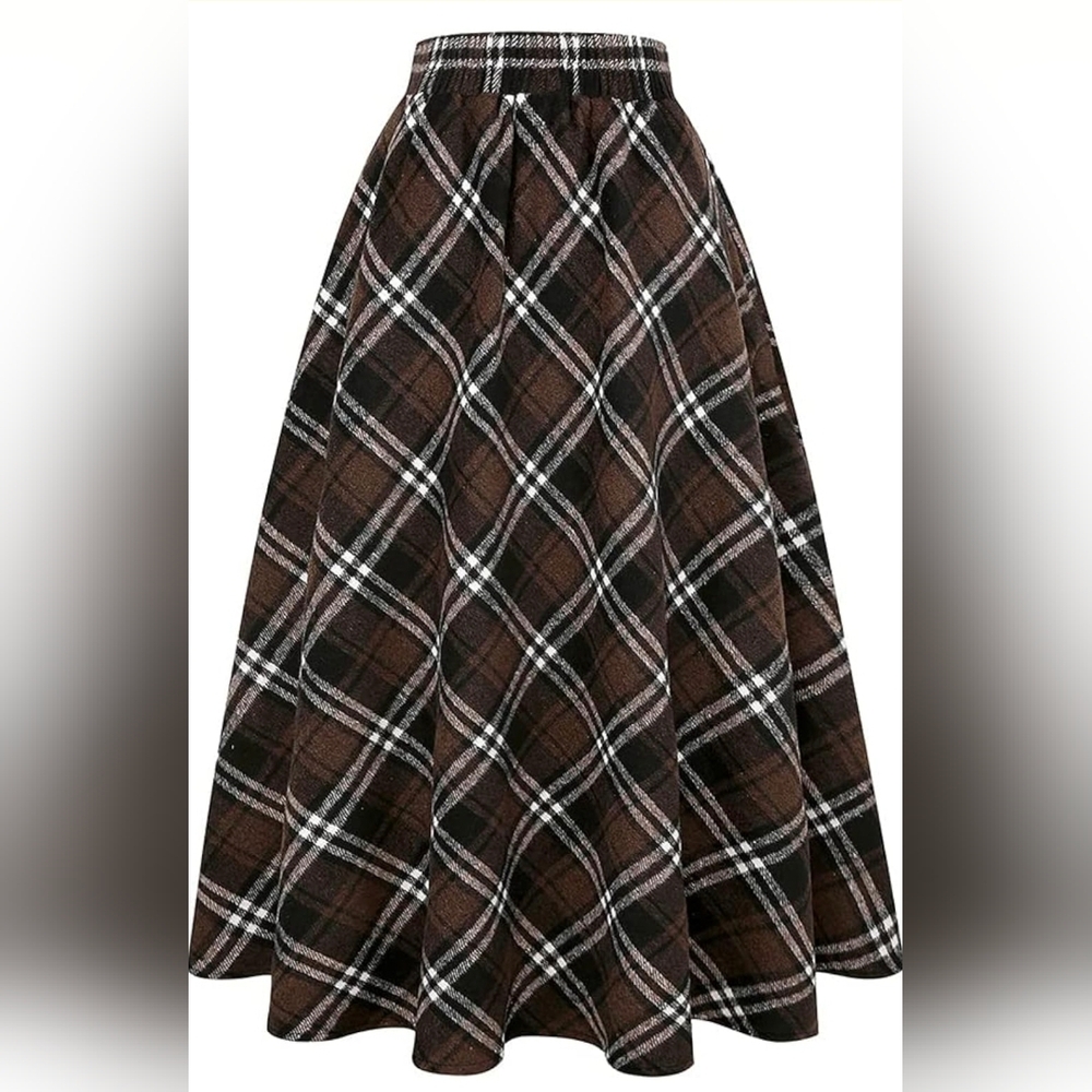 Ylingjun Long Tartan Plaid Wool A-line Skirt for Women with High Elastic Waist - Picture 2 of 10